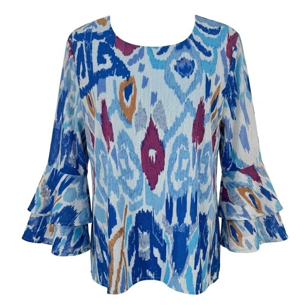 NEW Calessa Women's LARGE Blue Ikat Abstract Tiered Bell Sleeve Blouse Shirt‎